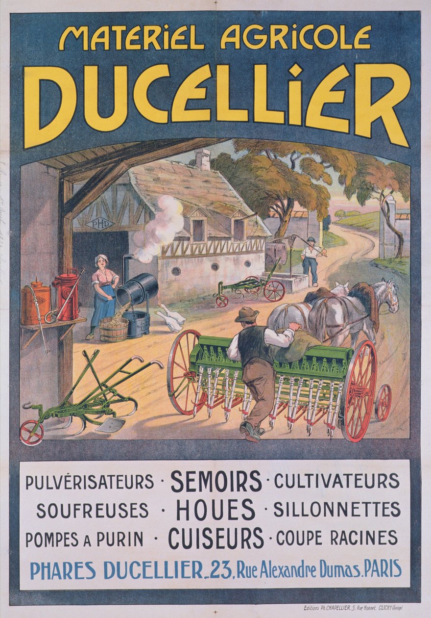 Póster publicitario de equipos agrícolas Ducellier, 1920 de French School