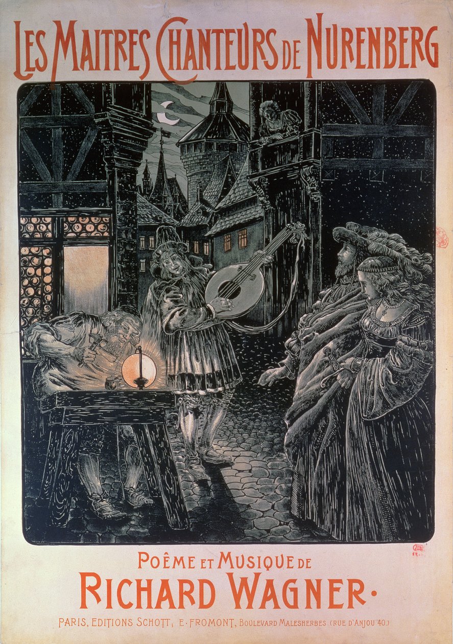 Póster anunciando Los maestros cantores de Núremberg, poema y música de Richard Wagner (1813-83) 1897 de French School