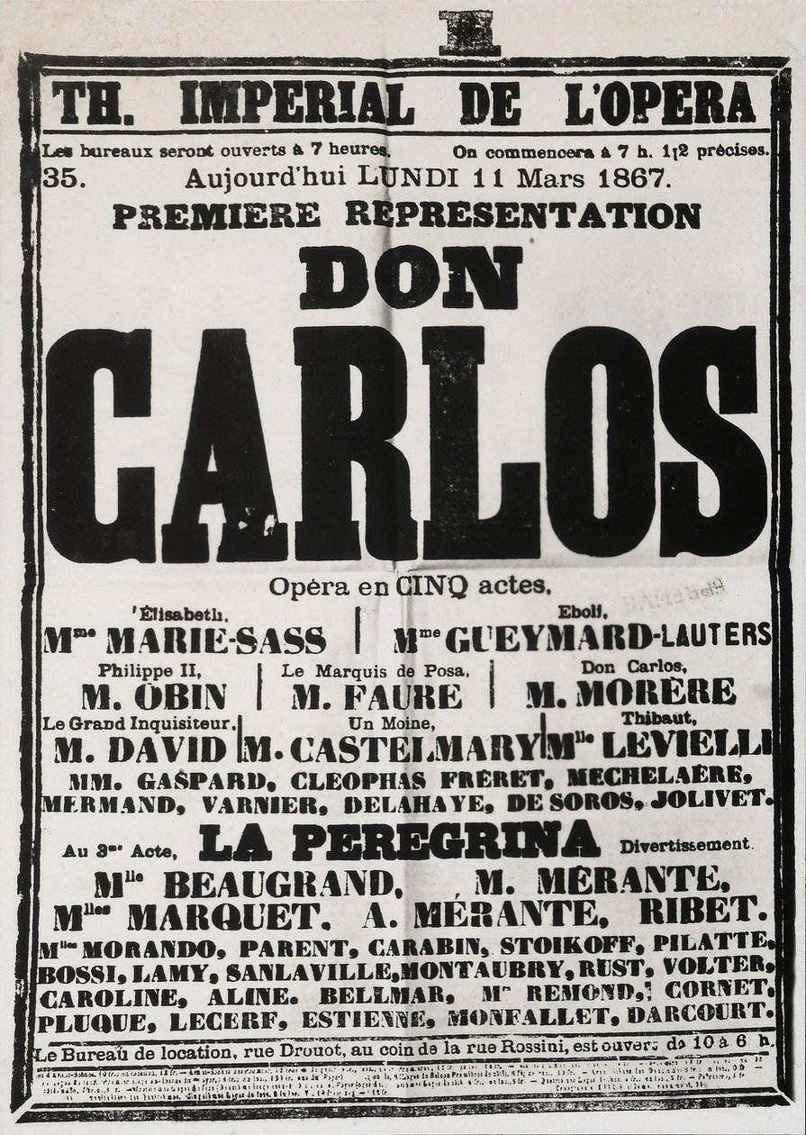 Póster anunciando la primera representación de Don Carlos en el Théâtre Impérial de l