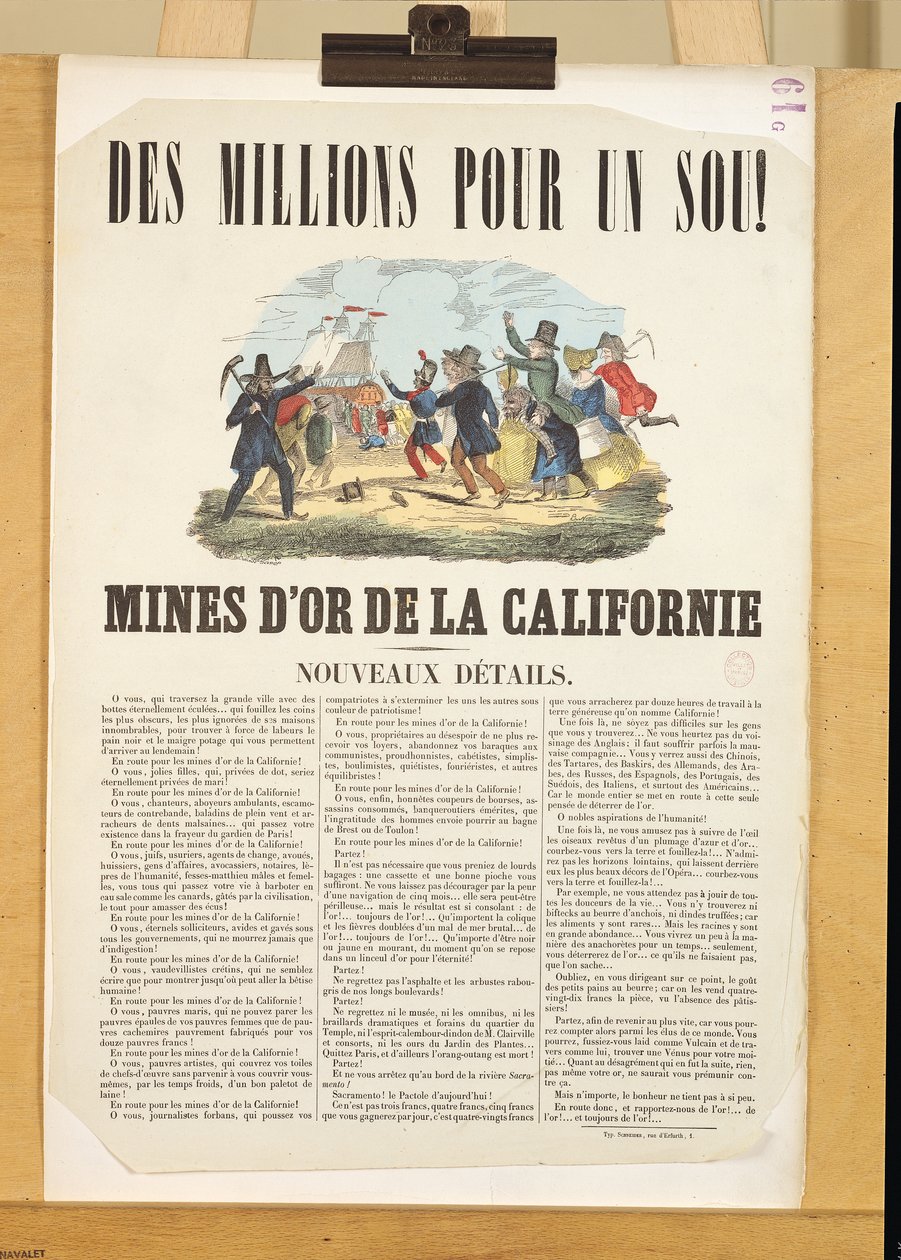 Póster publicitario de las minas de oro en California de French School