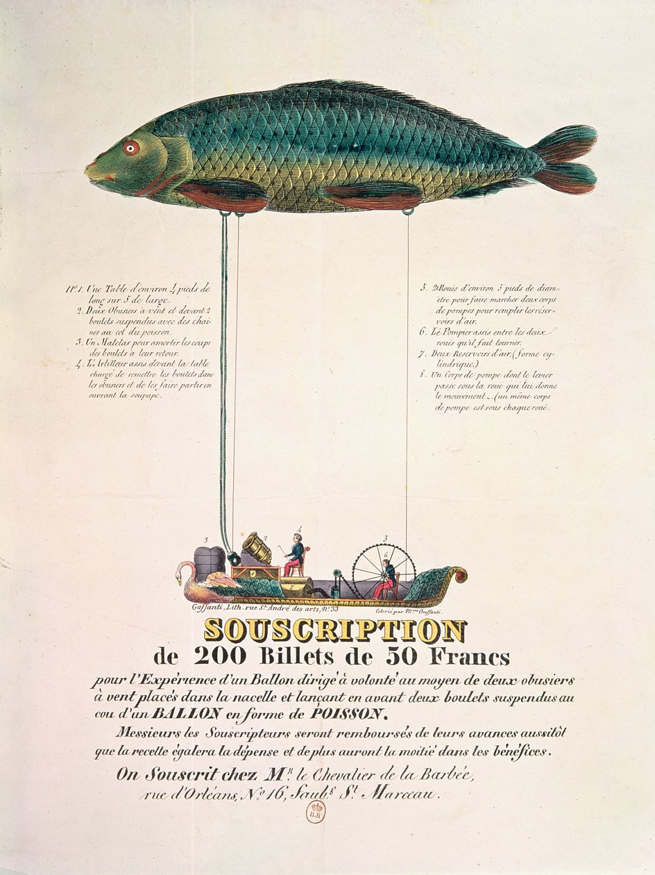 Póster anunciando la suscripción para un globo dirigible en forma de pez de French School