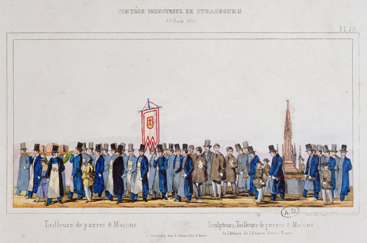 Procesión de los trabajadores de piedra y albañiles en Estrasburgo, 25 de junio de 1840 de French School