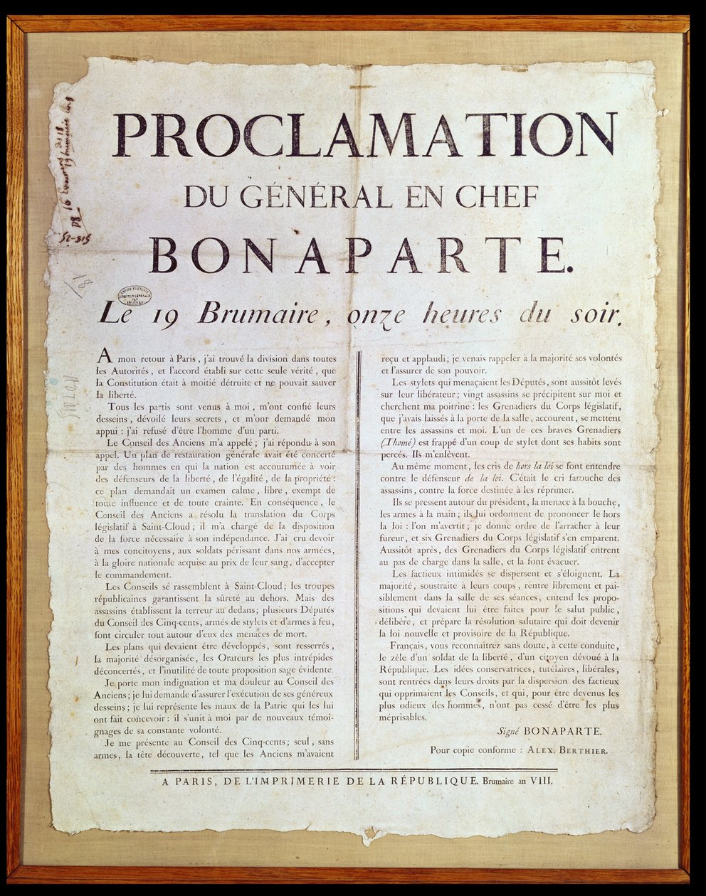 Proclamación de Napoleón I, 19 Brumario Año 8 (10 de noviembre de 1799) de French School