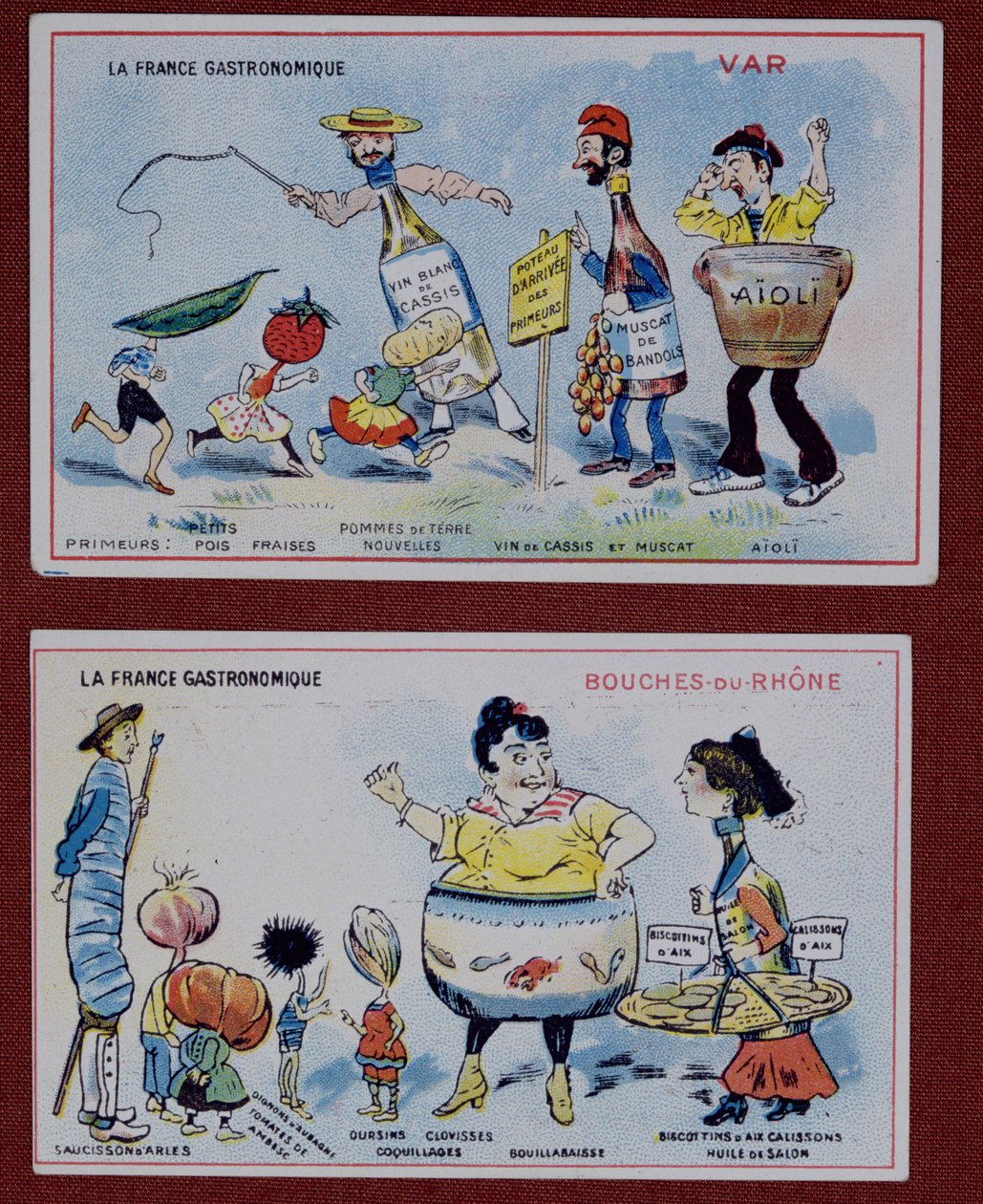 Tarjetas promocionales y educativas para niños que representan especialidades alimentarias de las regiones de Var y Bouches-du-Rhone, c.1910 de French School