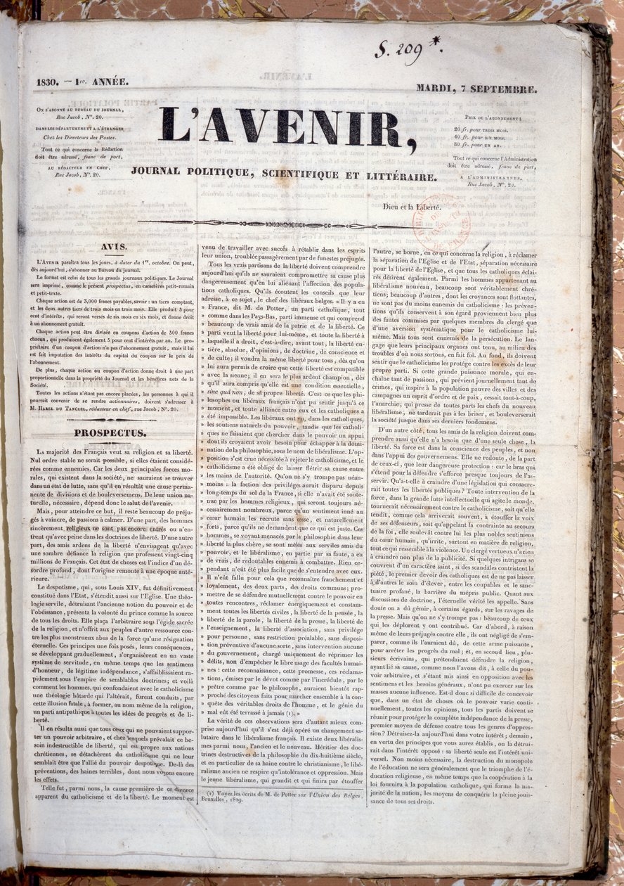 Prospecto anunciando la próxima publicación del Diario LAvenir, 7 de Septiembre de 1830 de French School