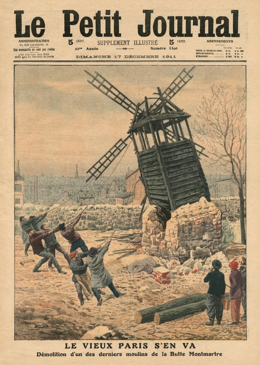 Derribando uno de los últimos molinos de viento en la Butte Montmartre, ilustración de 
