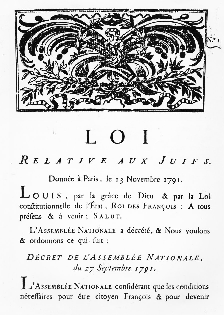 Decreto Real de emancipación para todos los judíos en Francia, por Decreto de la Asamblea Nacional, 27 de septiembre de 1791 (facsímil) de French School