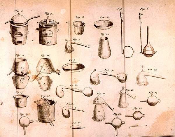 Equipo Científico, de Los Elementos de la Química por Antoine Laurent de Lavoisier (1743-94) grabado por D.Lizars, 1796 de French School