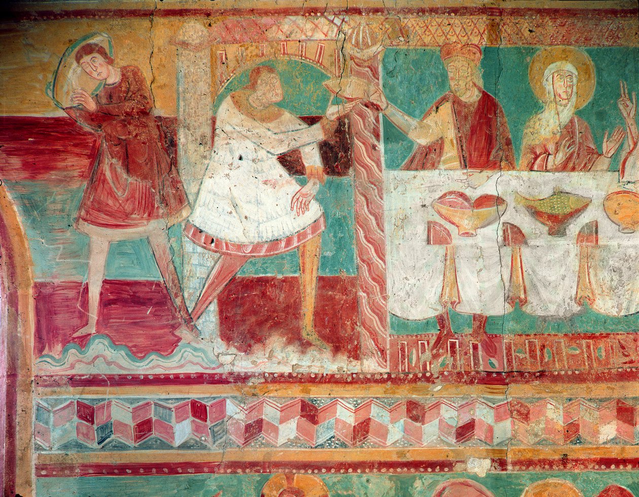 Sirvientes trayendo una jarra de vino y ofreciendo una copa a un invitado en las Bodas de Caná, del muro sur del Coro, siglo XII de French School