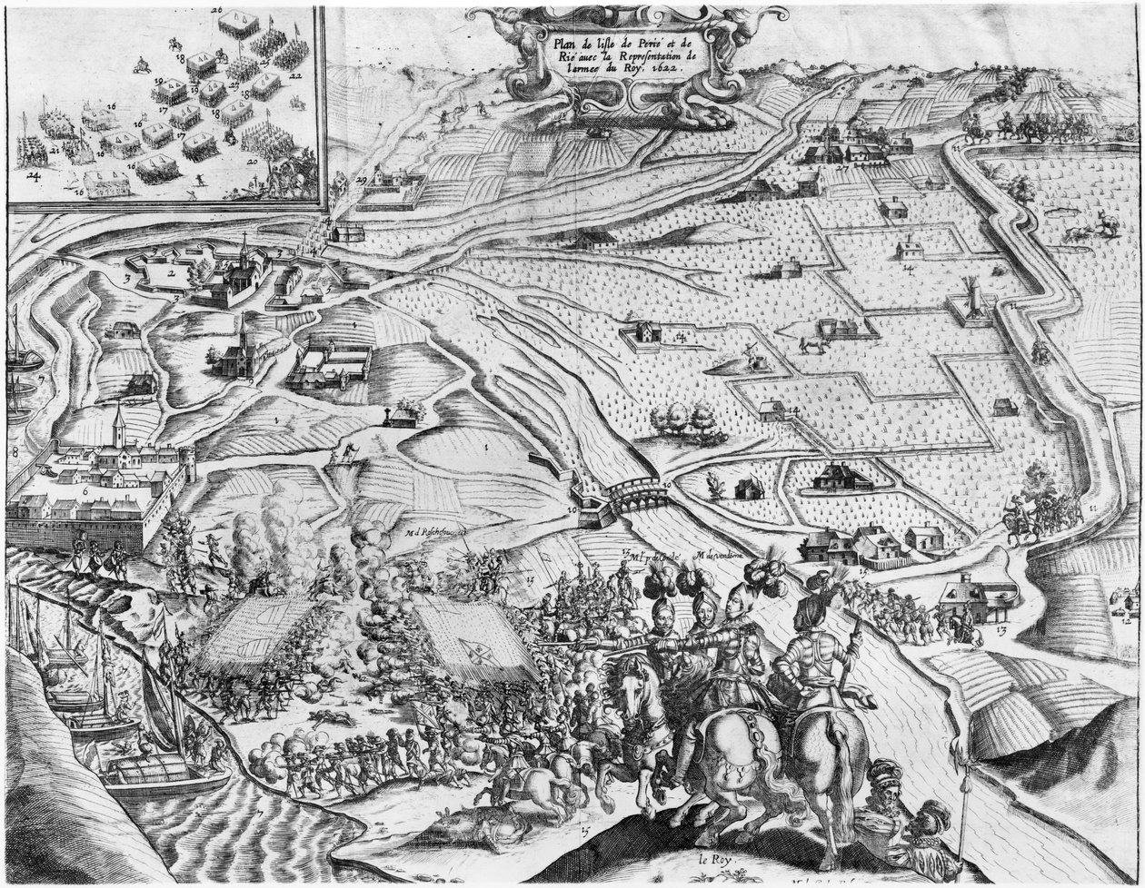 Sitio de la Isla de Ré con la representación del ejército real, 1622 de French School