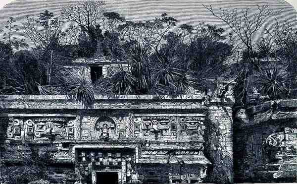 Edificio del templo al este del convento en Chichen Itza, de Las ciudades antiguas del Nuevo Mundo, por Claude-Joseph-Desire Charnay, pub. 1887 de French School
