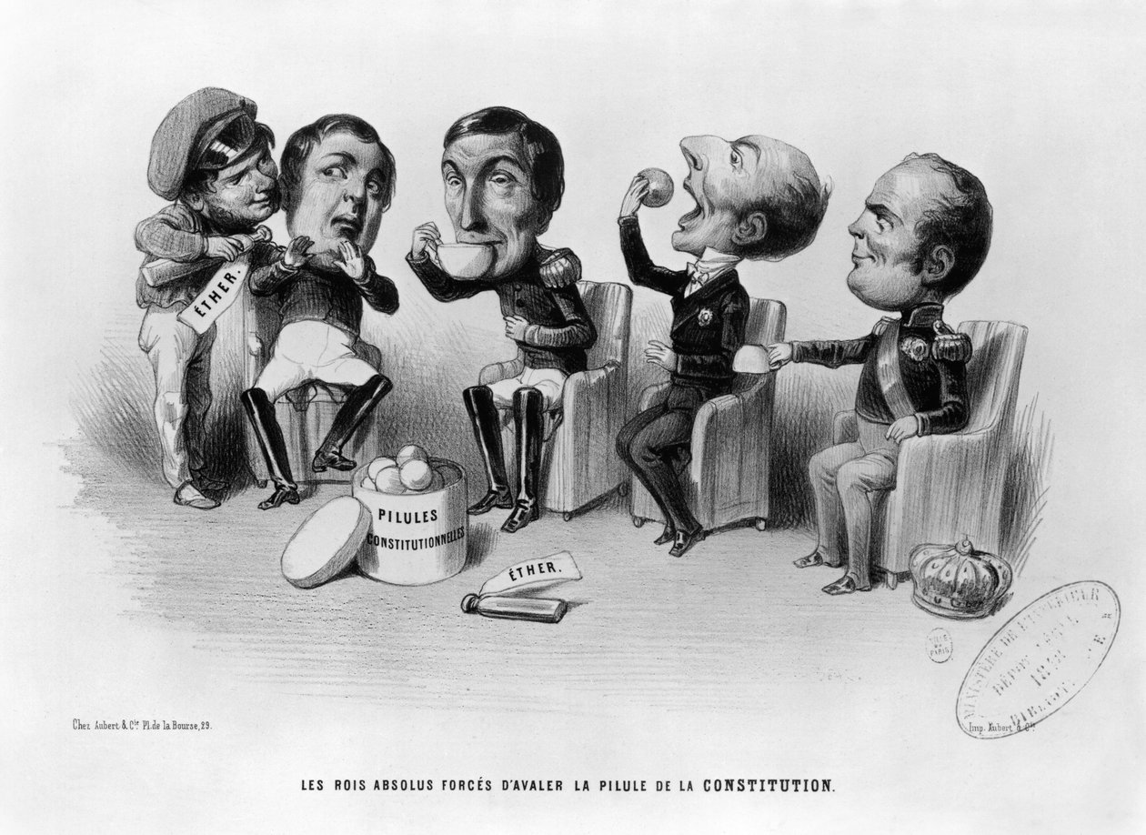 Los reyes absolutos forzados a tragar la píldora de la constitución, 1848 de French School