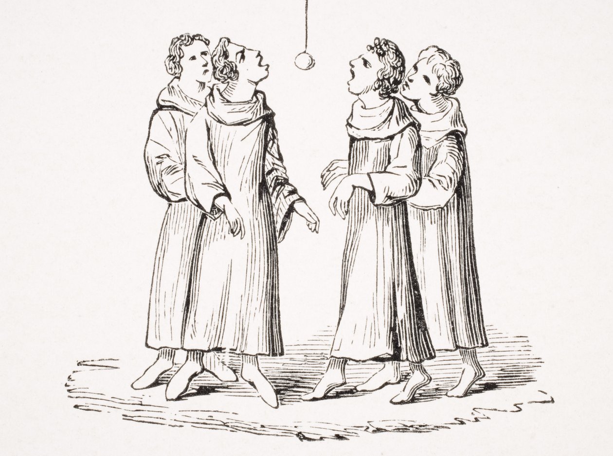 El juego de la manzana colgante, reproducción de un manuscrito del siglo XIV, de 