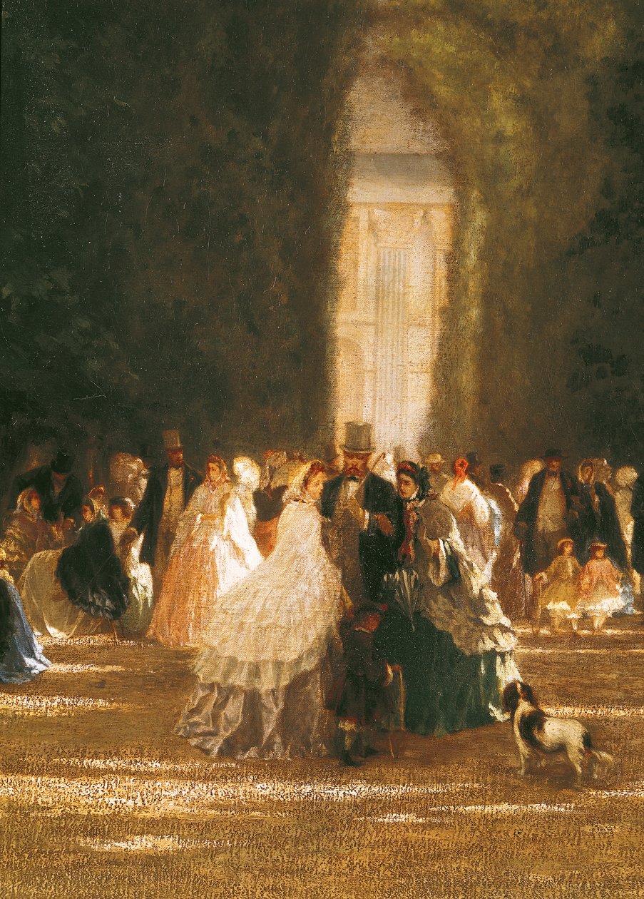 El jardín de las Tullerías durante el Segundo Imperio, detalle de un grupo con un perro de French School