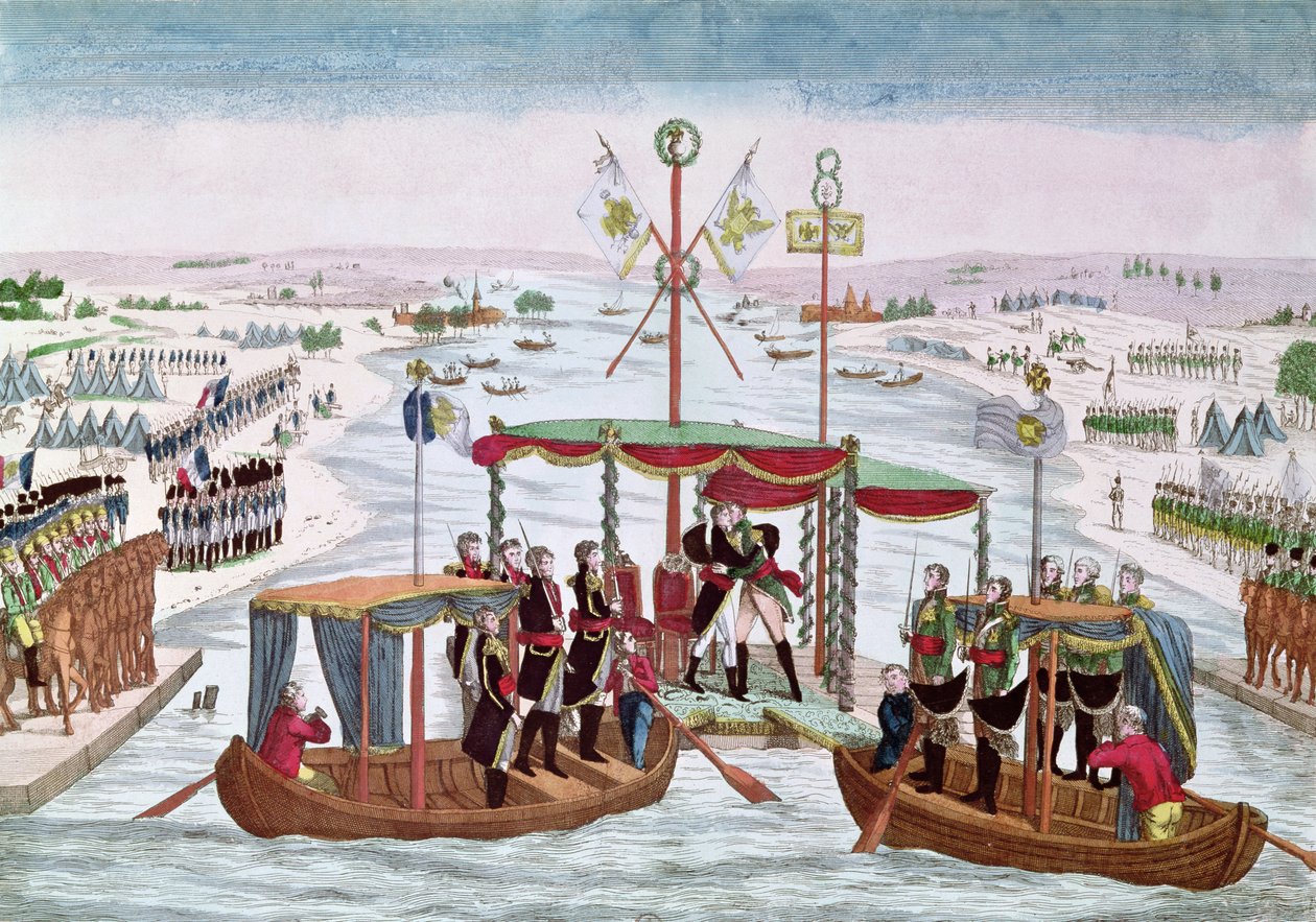 El encuentro entre Napoleón I (1769-1821) y el Zar Alejandro I (1777-1825) en Niemen, 25 de junio de 1807 de French School