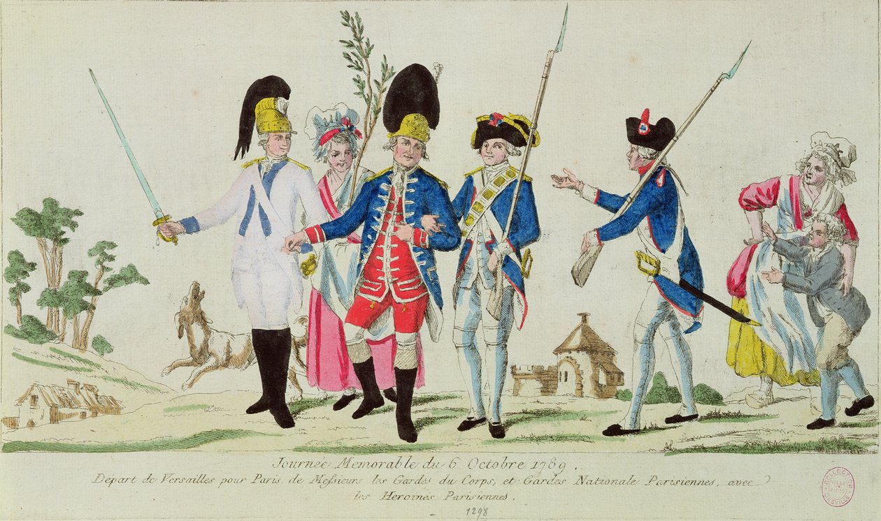 El día memorable del 6 de octubre de 1789, saliendo de Versalles hacia París: los Guardias del Cuerpo, la Guardia Nacional parisina y las heroínas parisinas de French School