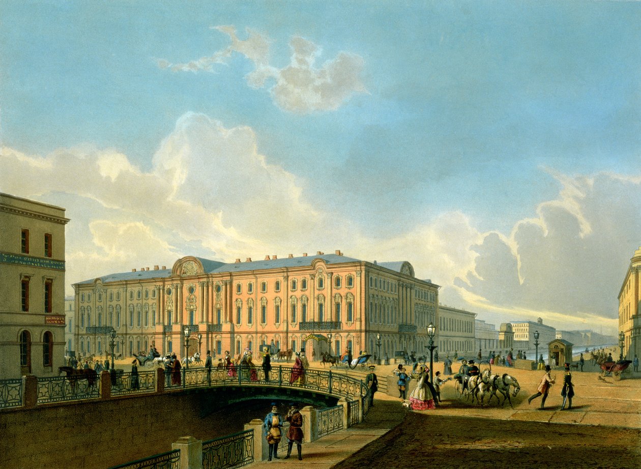 El malecón de Moyka y el Puente de la Policía en San Petersburgo, impreso por J. Jacottet y Regamey, publicado por Lemercier, París, 1850s de French School
