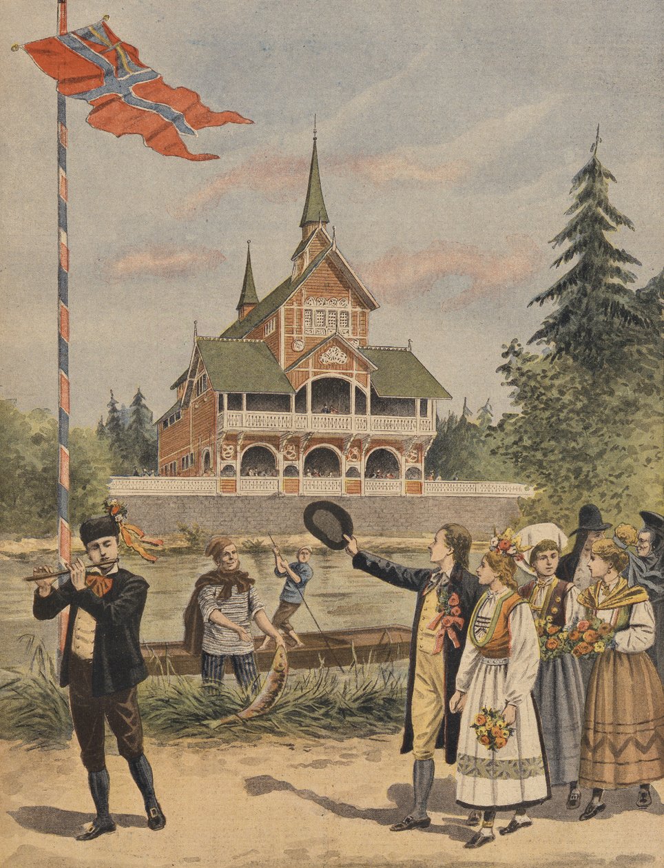 El pabellón noruego en la Exposición Universal de 1900, París, ilustración de Le Petit Journal, suplemento ilustrado, 13 de mayo de 1900 de French School