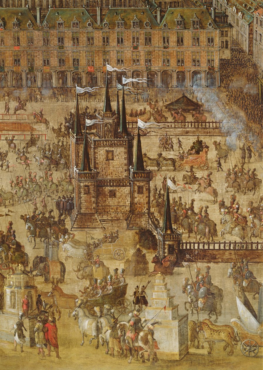 La Place Royale y el Carrousel en 1612, detalle del Palais de la Felicite y los carros (detalle) de French School