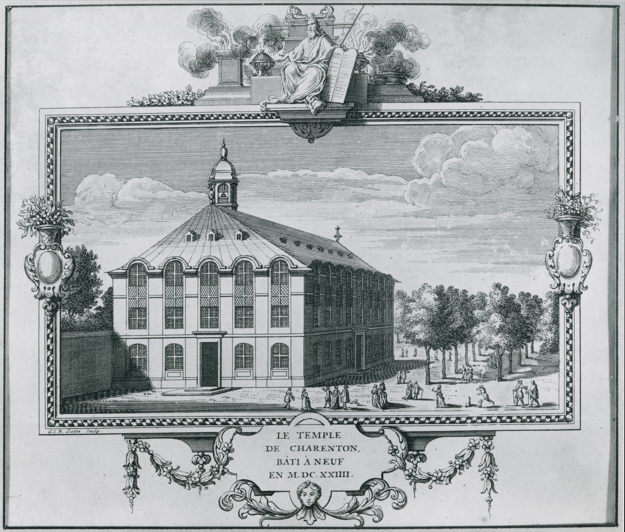 El Templo de Charenton, reconstruido en 1624, grabado por Gerard Jean Baptiste Scotin (1671-1716) de French School
