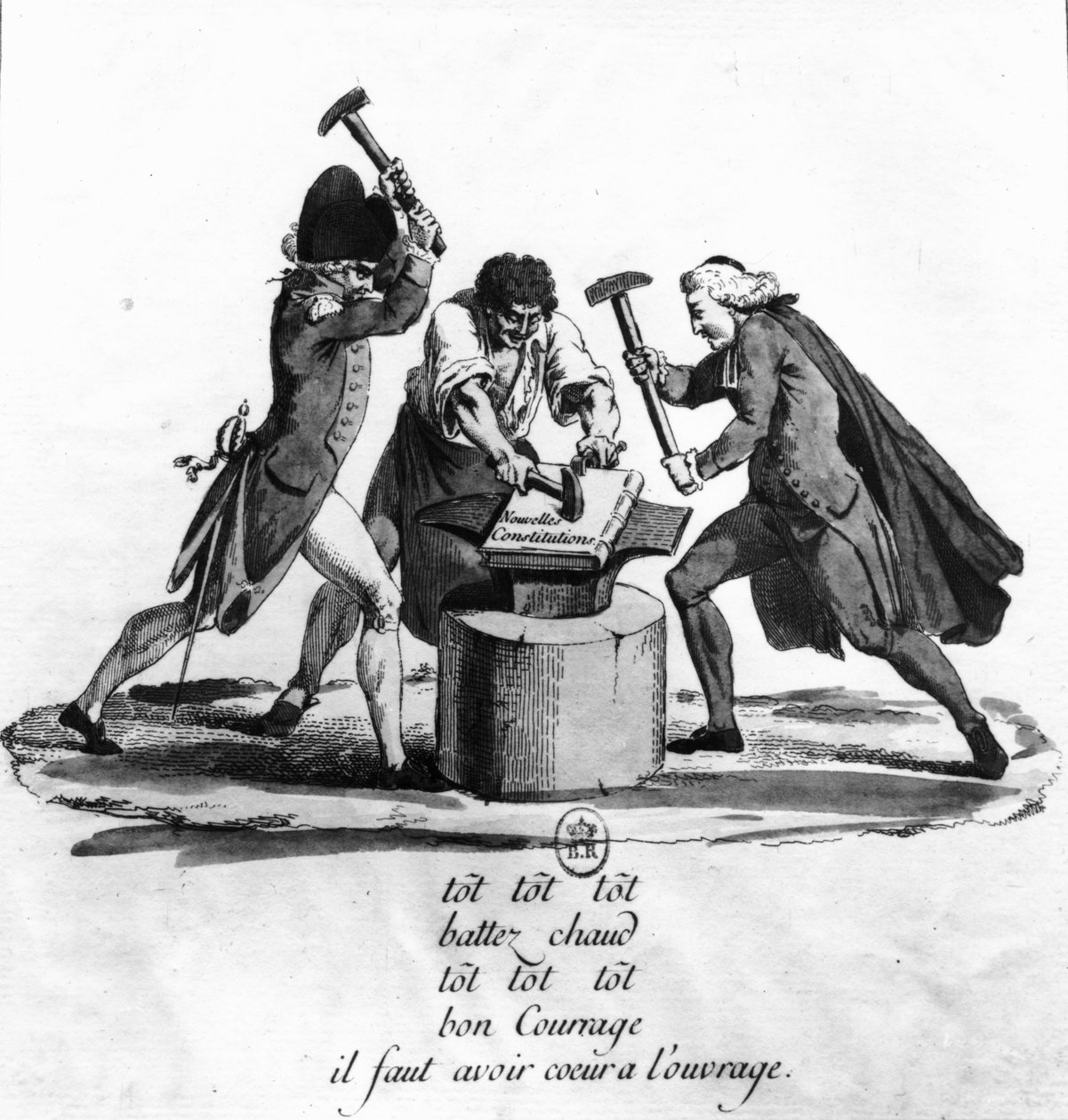 Las Tres Órdenes, forjando la Nueva Constitución en un yunque, 1789 de French School
