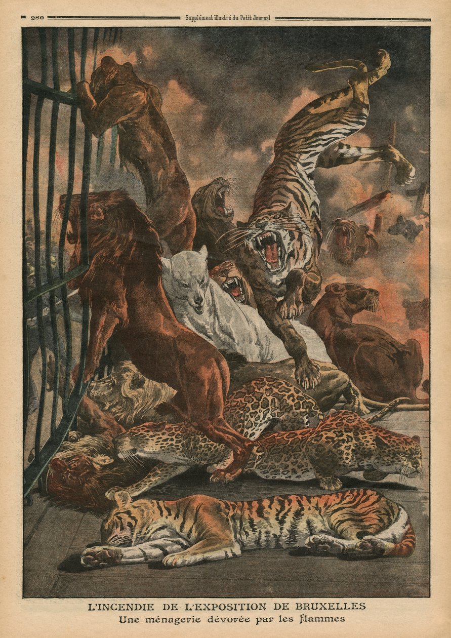 El incendio en la Exposición Universal de Bruselas, una colección de animales siendo consumida por las llamas, ilustración de 