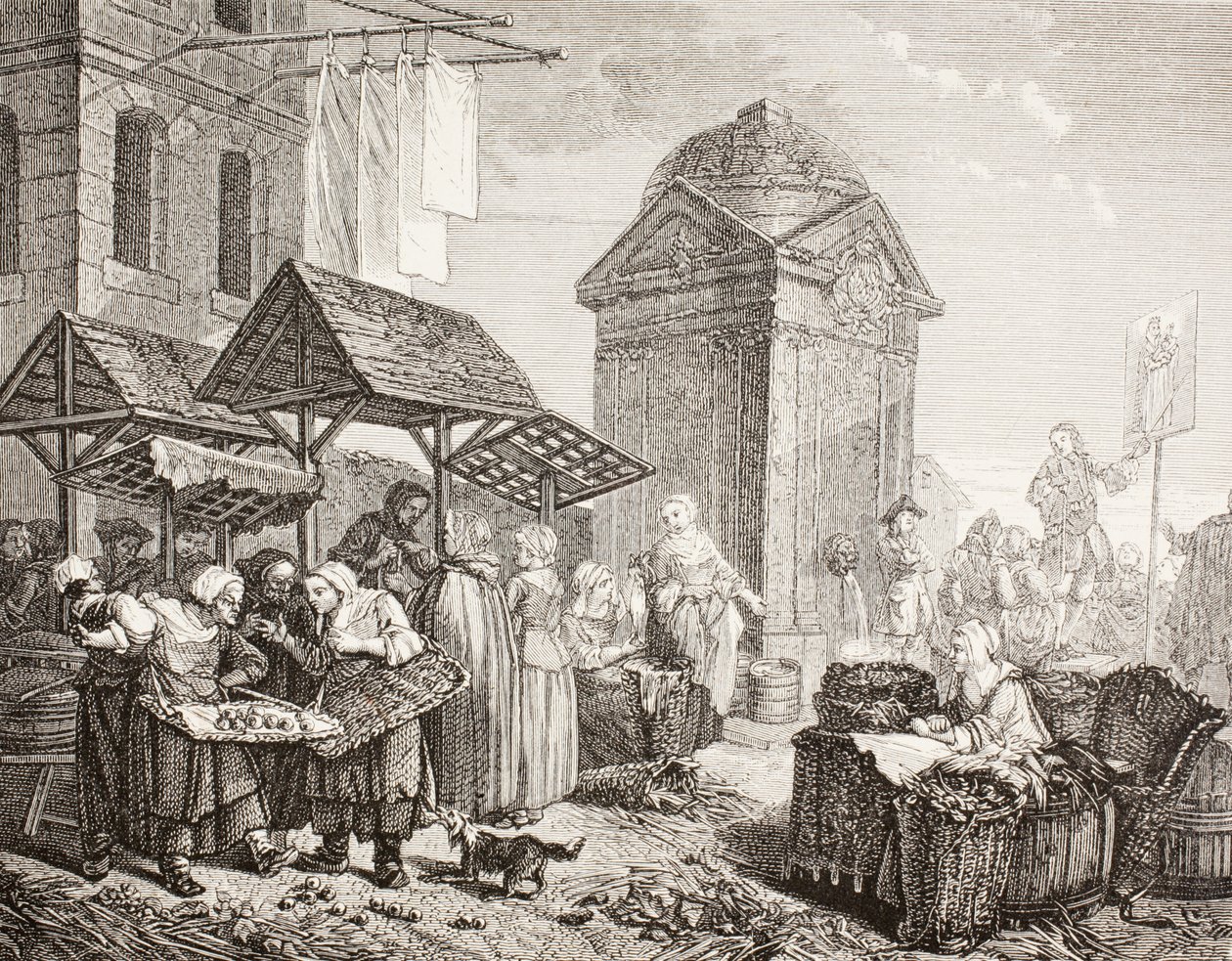 El mercado en la Place Maubert, París, en el siglo XVIII, después de una obra de Jeaurat, de 
