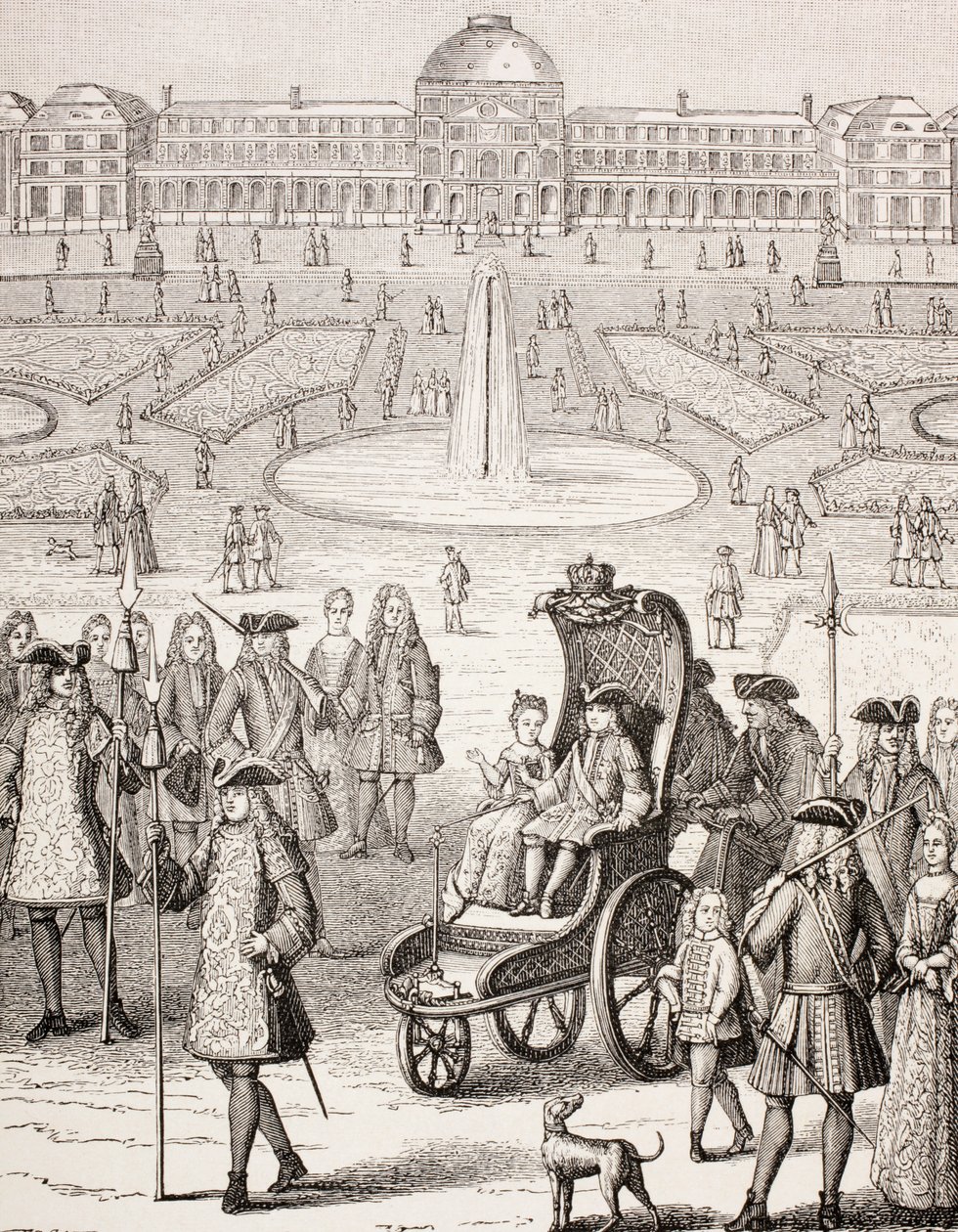 El joven rey Luis XV paseando en un carruaje en los Jardines de las Tullerías, París, de 