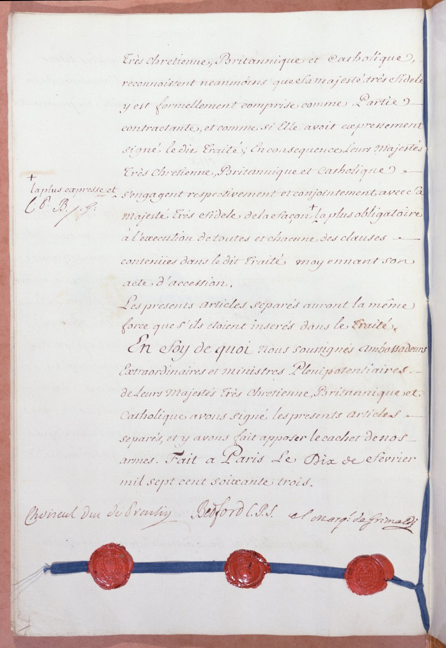 Tratado de París, que puso fin a la Guerra de los Siete Años, firmado por Francia, Gran Bretaña y España el 10 de febrero de 1763 de French School