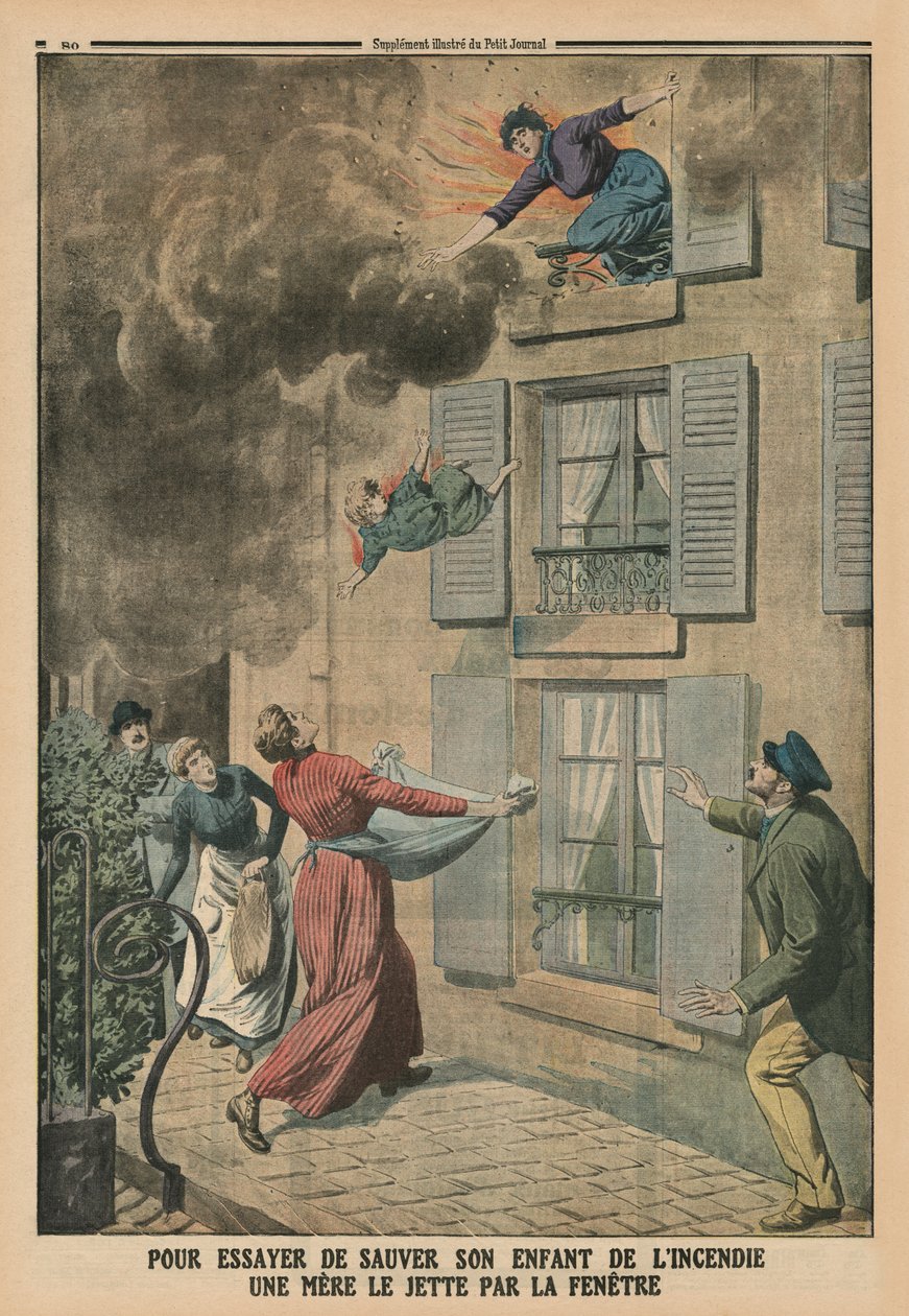 Intentando salvar a su hijo del fuego, una madre lo lanza por la ventana (ilustración de contraportada de 