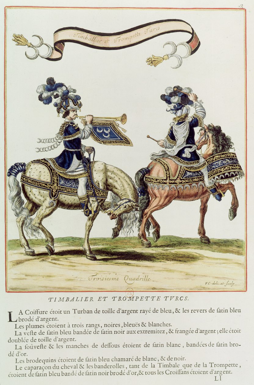 Tamborilero y trompetista turcos, parte del carrusel dado por Luis XIV frente a las Tullerías, 5 de junio de 1662 de French School