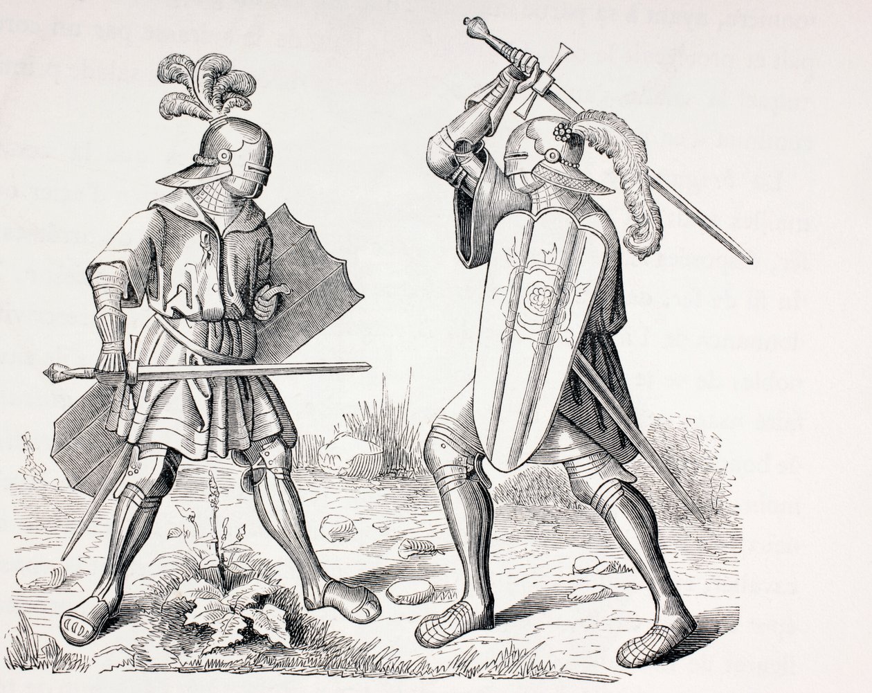 Dos caballeros completamente armados del siglo XV luchando con espadas y escudos, de 