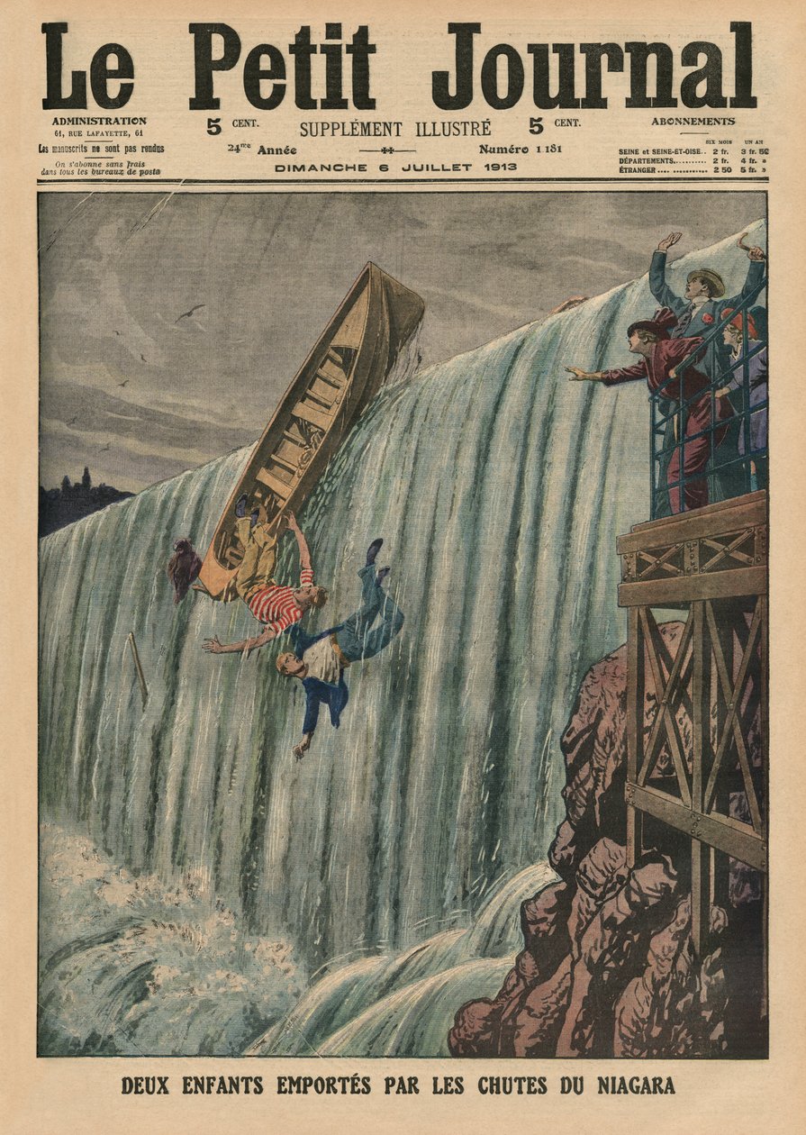 Dos niños llevados por las Cataratas del Niágara, ilustración de portada de 