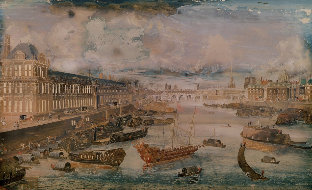 Vista del Sena, la Gran Galería del Louvre y el Colegio de las Cuatro Naciones, c.1680 de French School