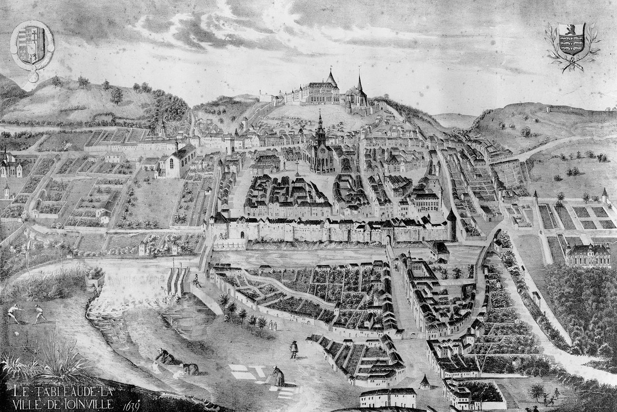Vista del castillo y la ciudad de Joinville, de una pintura de 1639 de French School