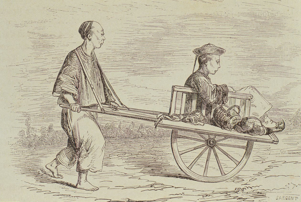 Taxi de carretilla en la década de 1850, China, grabado por Alfred Louis Sargent (n.1828) de 