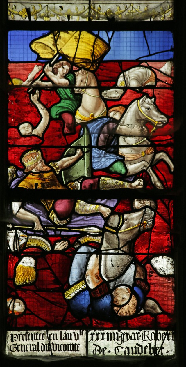 Vidriera que representa a los israelitas cruzando el Mar Rojo; el ejército del faraón se ahoga (detalle) de French School