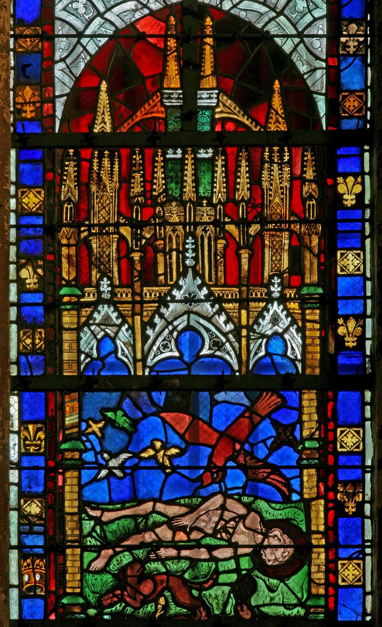 Ventana w10 que representa el cadáver de San Vicente siendo abandonado y protegido de los animales por un cuervo de French School