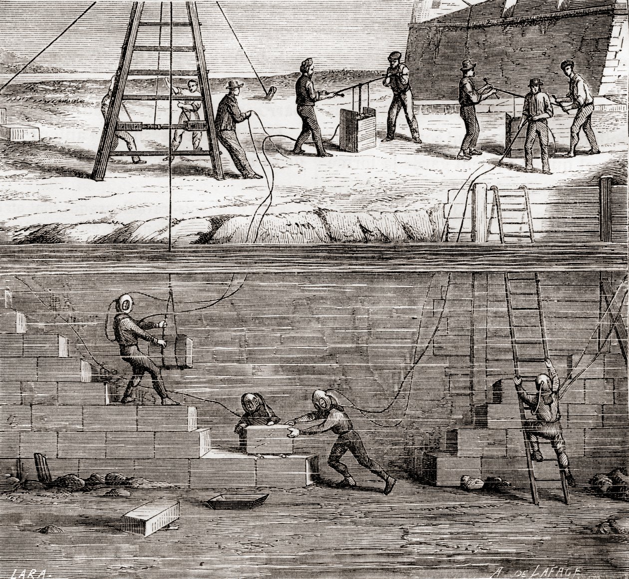 Trabajadores en trajes de buceo trabajando en construcciones submarinas en el siglo XIX, de Las Maravillas de la Ciencia, publicado c.1870 de French School