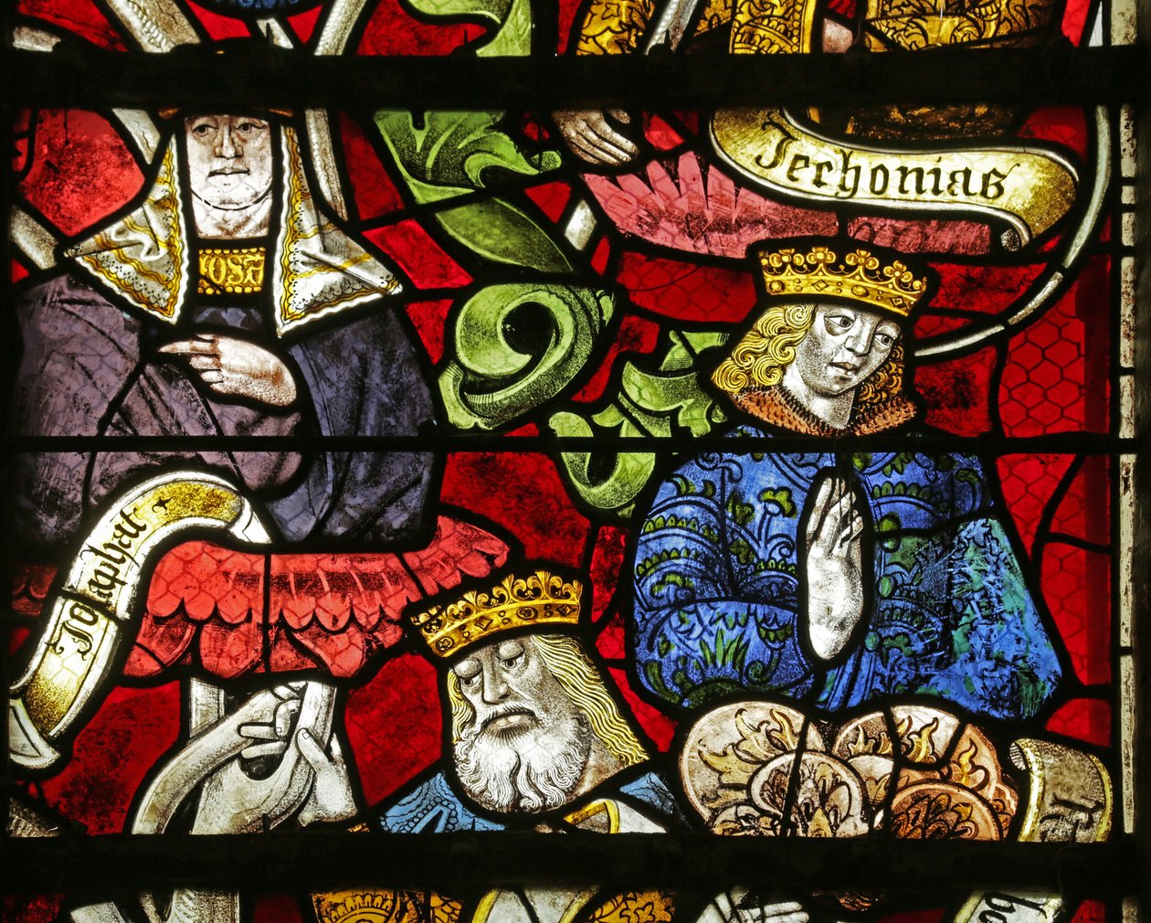 Vidriera que representa el Árbol de Jesé: Reyes Jeconías y Josafat de French School