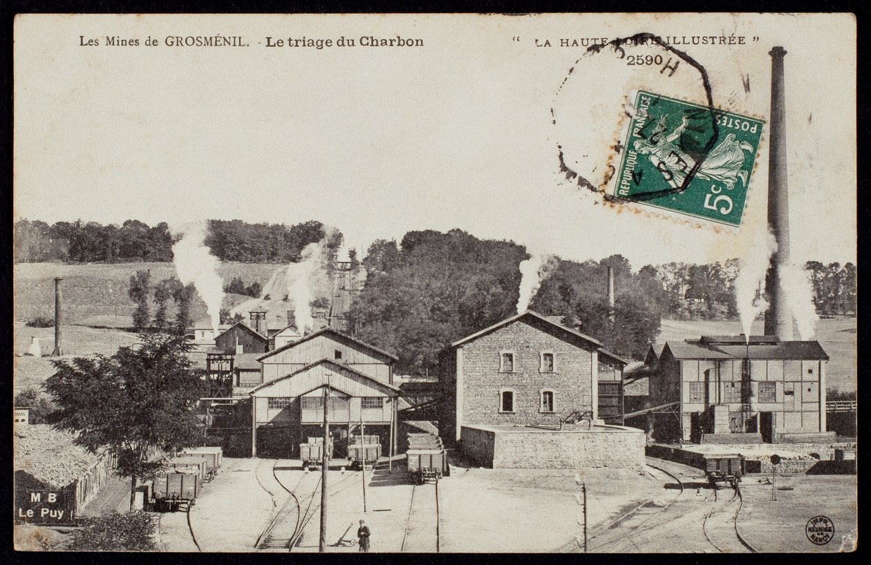 Postal que representa las minas de Grosmenil, clasificando carbón, Haute-Loire, c.1900 de French Photographer