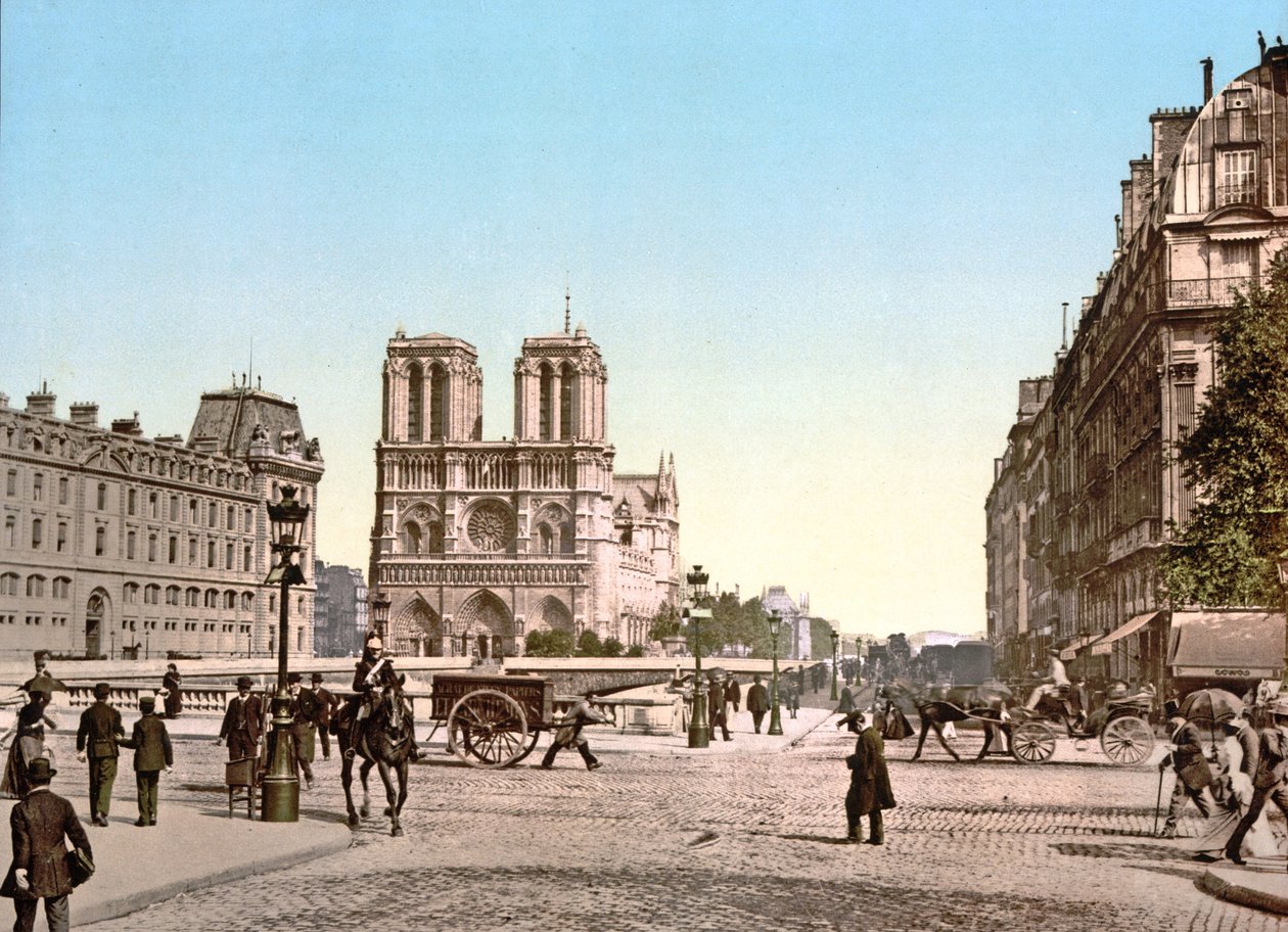 Fachada occidental de Notre Dame y Pont St. Michel, París, pub. c.1900 de French Photographer