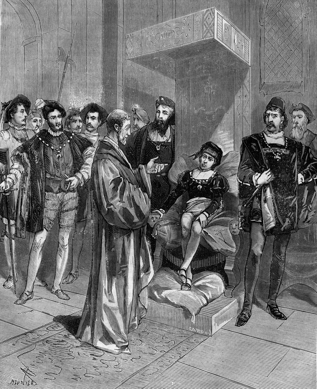 (Cardanus Hieronymus) Gerolamo Cardano (Jerome Cardan), médico, matemático y filósofo italiano (1501-1576), presentando el horóscopo del Rey Eduardo VI de Inglaterra. en "Historia popular de la ciencia, invenciones y descubrimientos desde los primeros sigl de French School