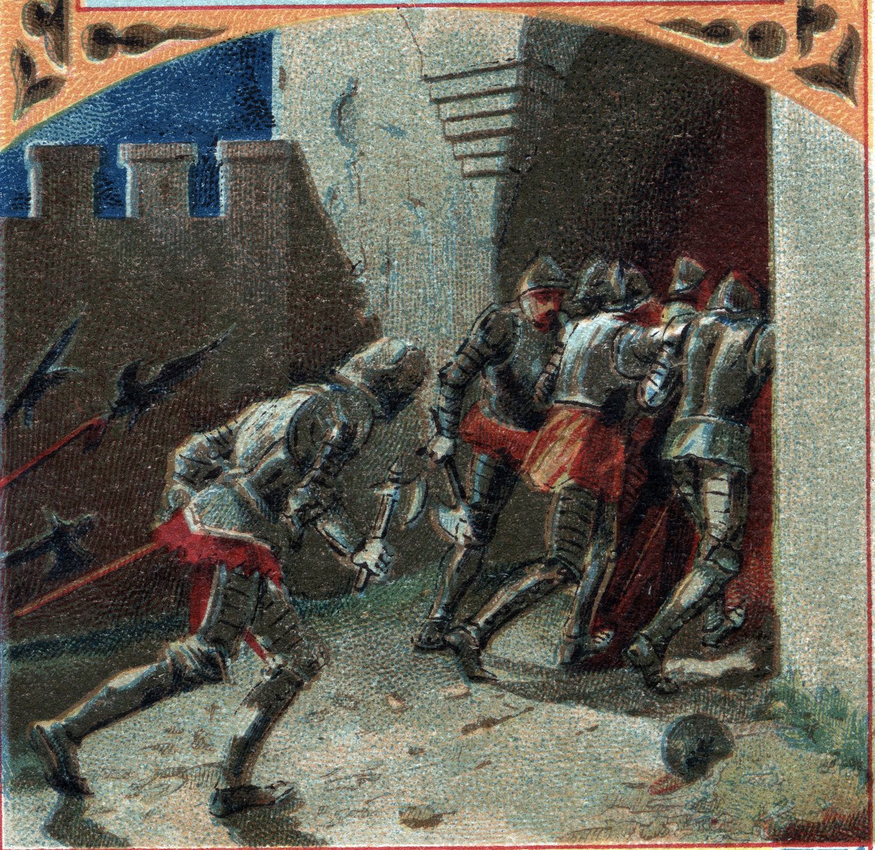 Guerra de los Cien Años: el ejército de los borgoñones tomó el castillo de Pierrefonds por traición (siglo XIV). Cromolitografía de finales del siglo XIX. de French School