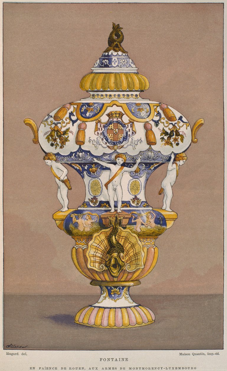 Fuente de loza del siglo XVIII con el escudo de armas de Montmorency Luxembourg, fabricada en Rouen, ilustración del Dictionnaire de l