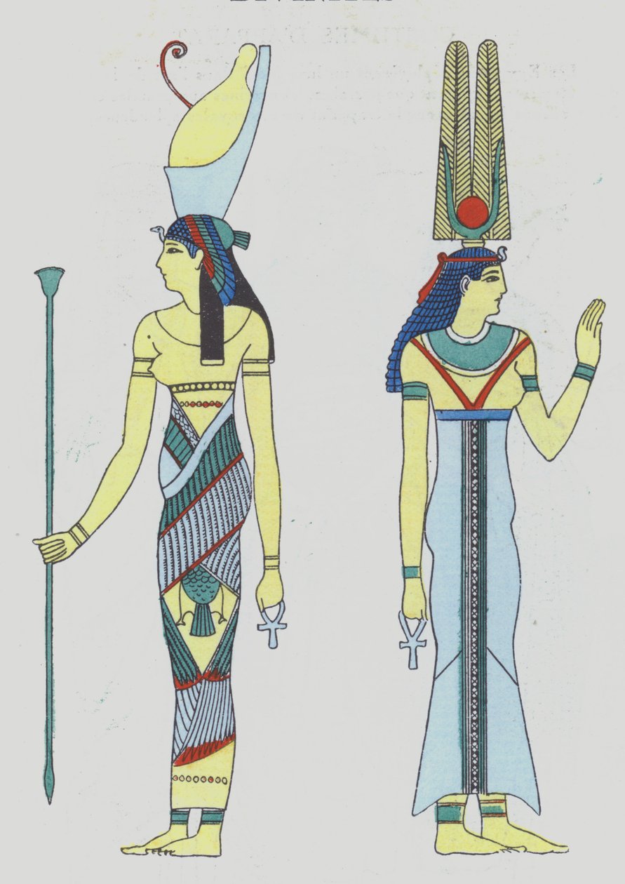 Representación de deidades del Antiguo Egipto de los años veinte (litografía en color) de French School
