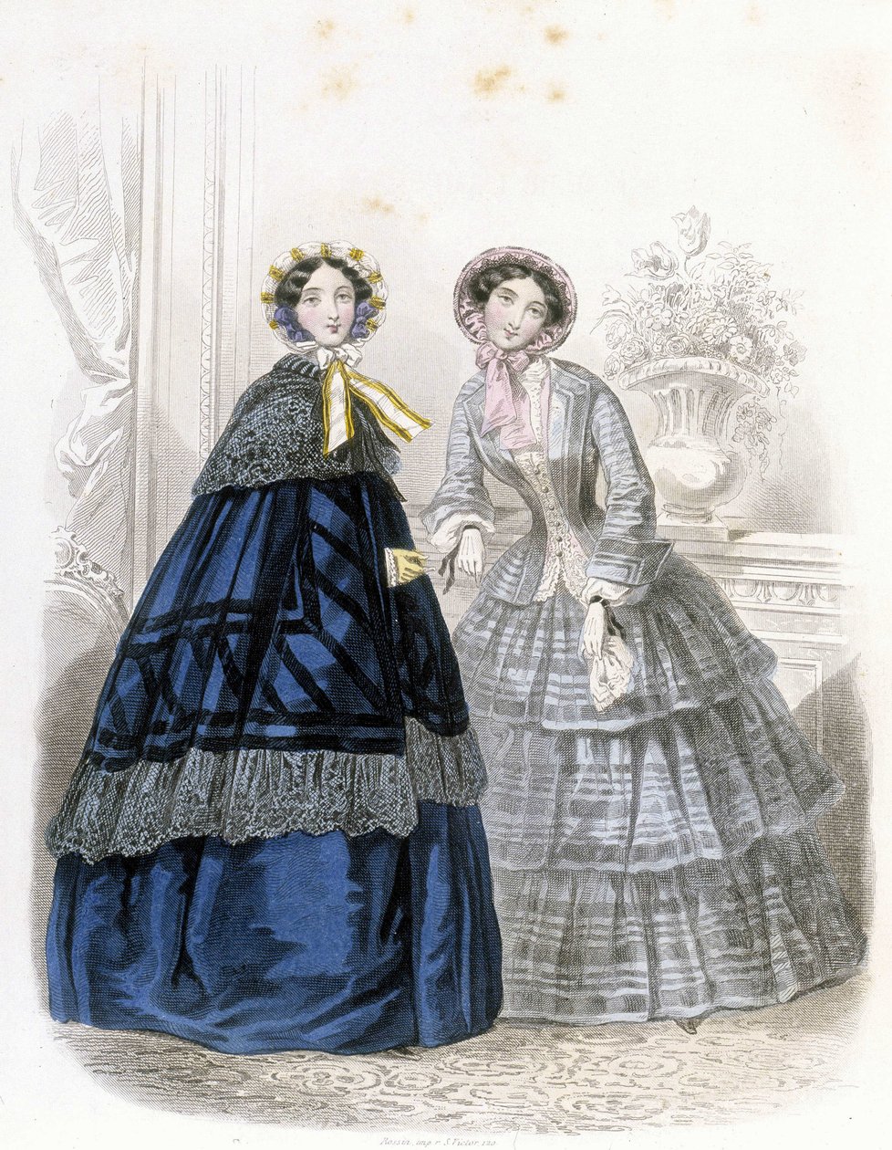2 mujeres a la moda: en atuendo - en "Journal des Demoiselles" 1852 (grabado) de French School