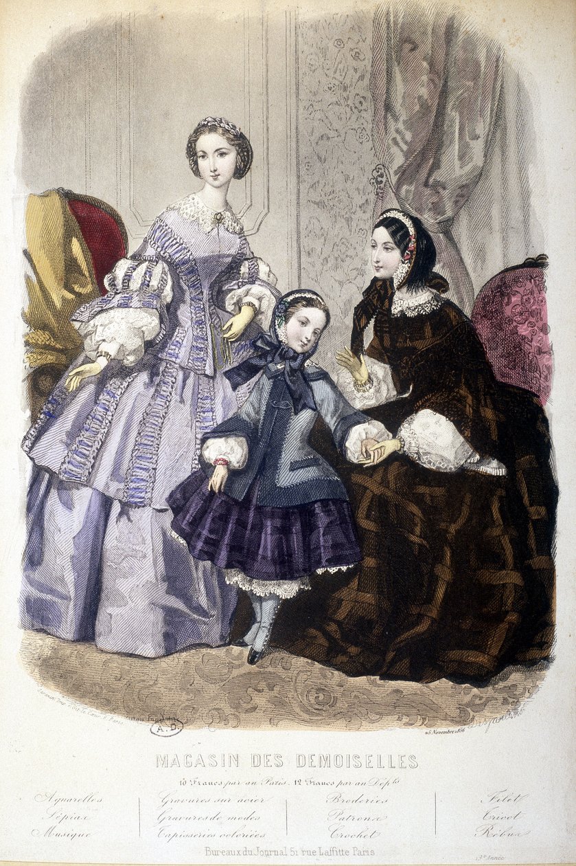 2 mujeres y una niña: Moda - en “Magasin des damoiselles”. ca. 1850 de French School