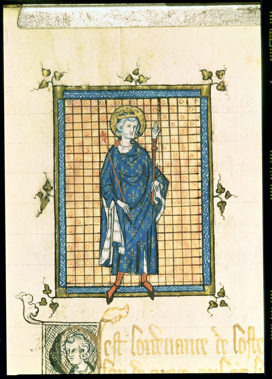 Rey San Luis llevando el Cetro y la Mano de la Justicia, del Registro de Ordenanzas del Hotel del Rey, c.1320 de French School