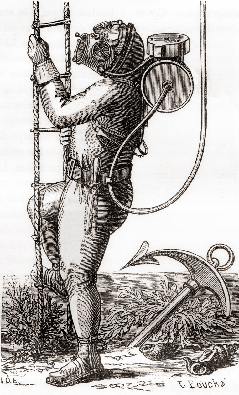 Un buzo de aguas profundas del siglo XIX con traje de buceo recubierto de goma con casco y regulador de tanque, de 